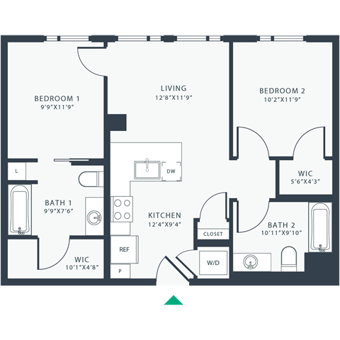 Floor plan for 2 beds, 2 baths, 853 sqft